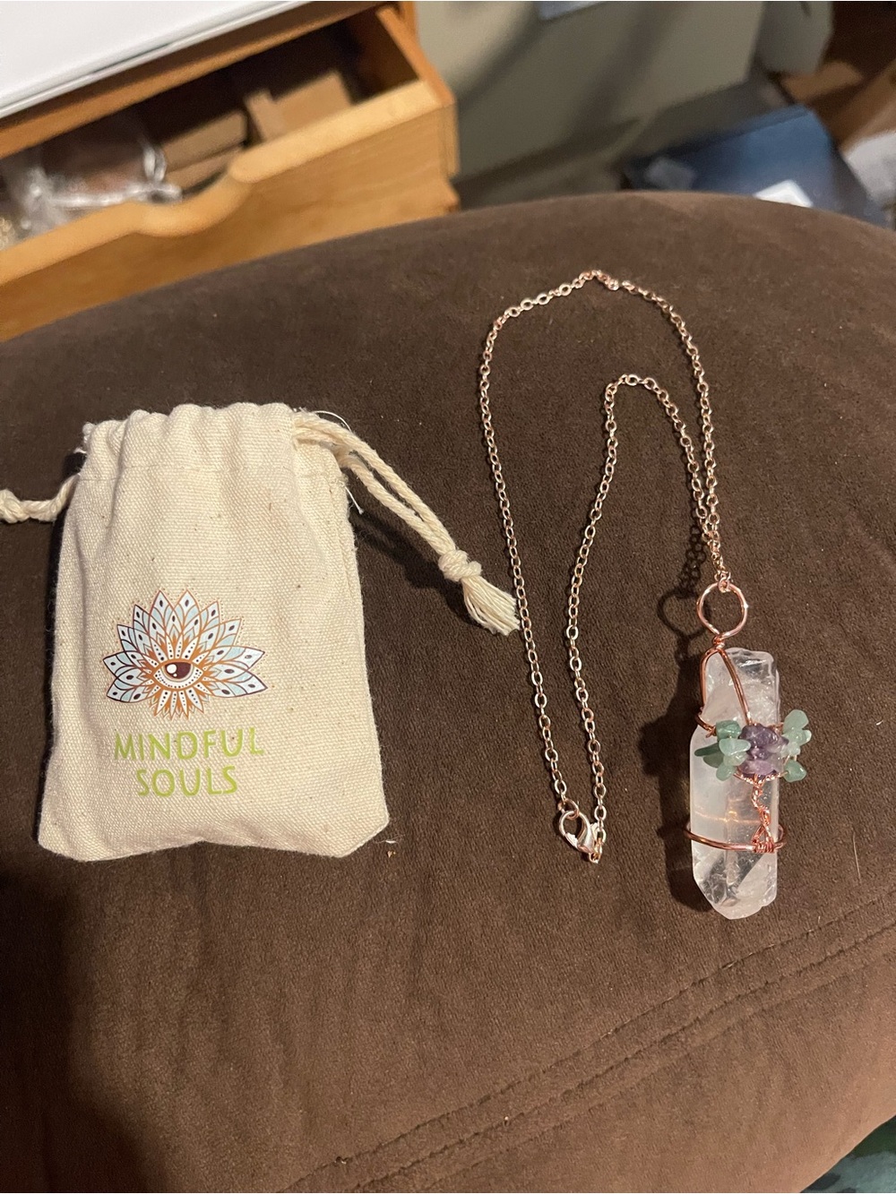 Rose Gold Crystal Point Pendant Necklace - Clear Quartz with Green Accents